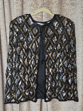 Valerie Stevens Black Jacket with Gold & Silver Sequin Diamond Pattern